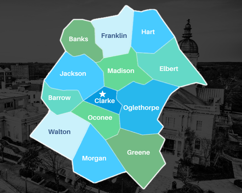 Map of Northeast Georgia counties served by Mercy Health Center